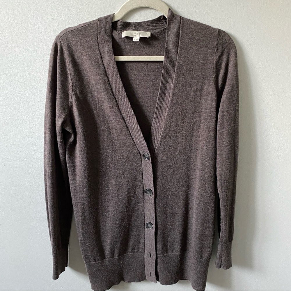 LOFT Wool Blend Taupe Brown Cardigan Sweater S
